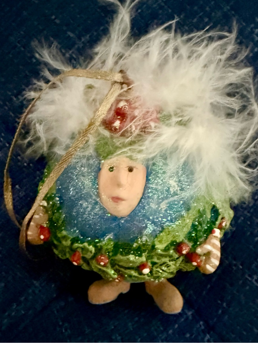 Handcrafted Blue and Green Holiday Ornament with Feather Trim